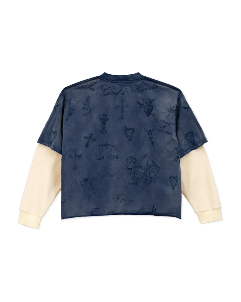 Back view of the WE ARE RIGHTEOUS ‘Righteous University’ Thermal L/S in navy with cream waffle sleeves, featuring all-over tonal illustrations including cherubs, crosses, scales, harps, and ‘In God’s Hands’ script across the upper back