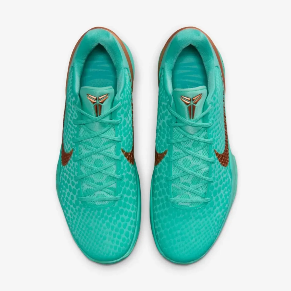 Top view of Nike Kobe 6 Protro “Statue of Liberty” sneakers in oxidized green with bronze accents