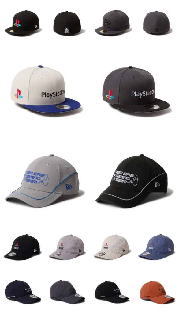 Assortment of New Era® × PlayStation caps presented on a white background, including fitted, snapback, and curved-brim styles in black, grey, white, blue, and rust, featuring embroidered PlayStation logos, controller symbols, and “New Era Gaming Team” graphics that blend classic gaming iconography with modern streetwear design