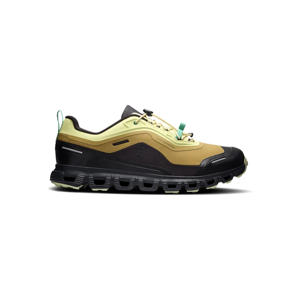 side view ON Cloud 6 Geo Waterproof sneaker in the Limelight · Safari colorway shown in a clean side profile, highlighting the waterproof layered upper, quick-lace system, reinforced toe, and CloudTec cushioning engineered for all-weather urban movement