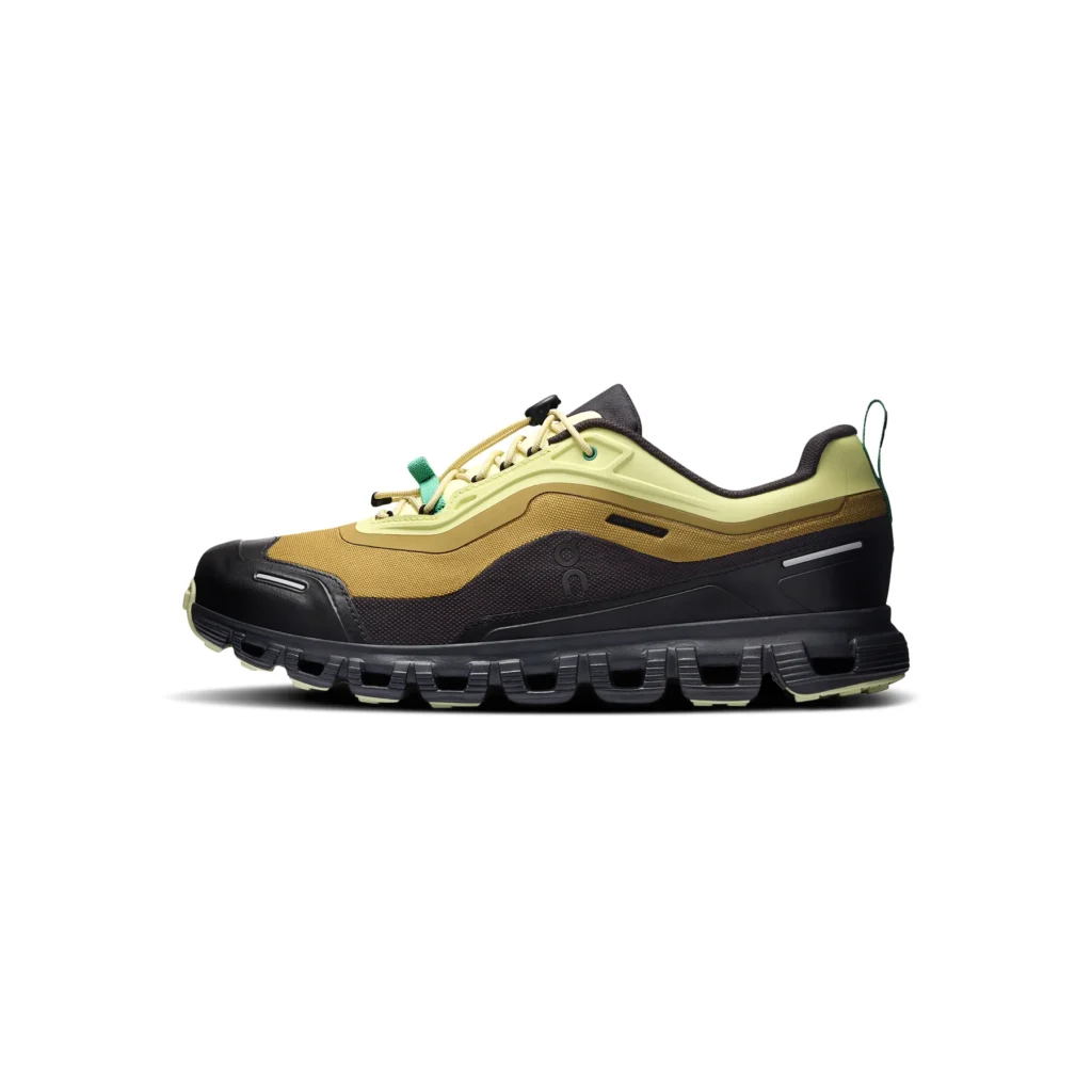 Side profile of the ON Cloud 6 Geo Waterproof sneaker in the Limelight · Safari colorway, showcasing the layered waterproof upper, reinforced toe cap, speed-lacing system, and CloudTec outsole built for urban traction and all-weather wear