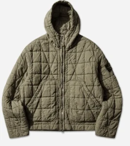 front view Stone Island Cotton Nylon Tela Quilted-TC jacket in military green with hood
