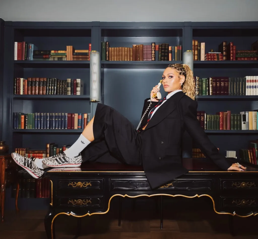 Washington Spirit forward Trinity Rodman styled in formalwear and adidas footwear for brand campaign