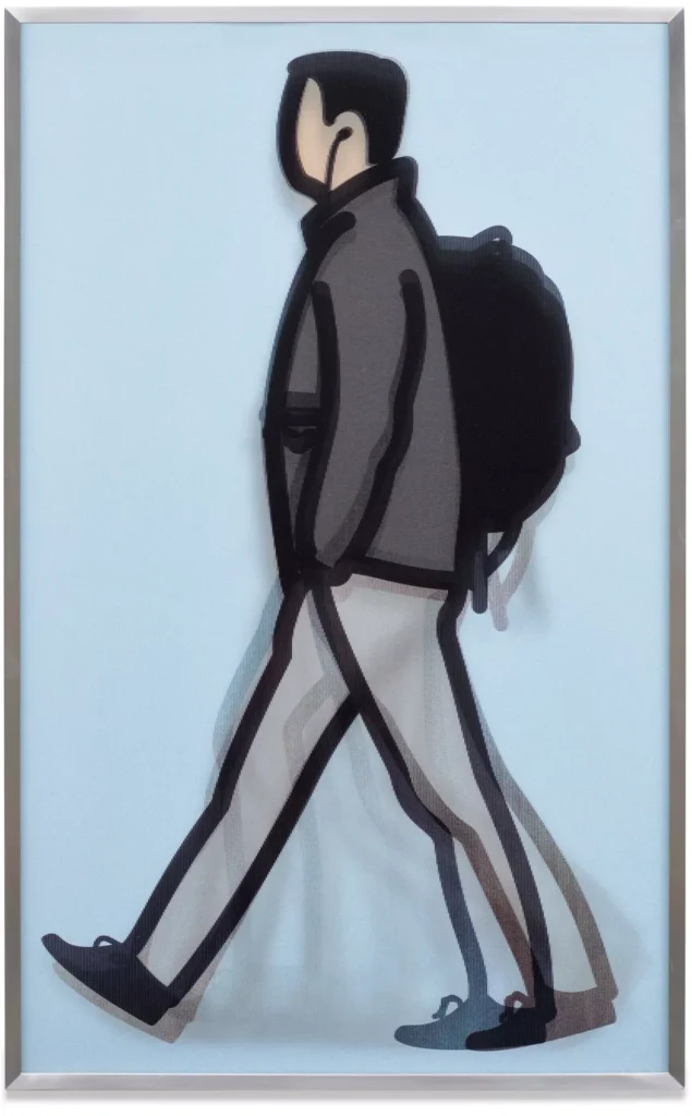 Julian Opie, Student, from Walking in London 1 (2013), lenticular acrylic panel showing a simplified male figure walking left to right, wearing a grey jacket, light trousers, and black shoes with a backpack, rendered in layered outlines that shift to create the illusion of movement against a pale blue background, framed in aluminum