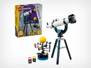 LEGO Creator Space Exploration Telescope (set 31378) shown with its retail box, featuring the main telescope build on a tripod with adjustable barrel, a rotating planetary model with colorful planets, a light brick accessory, and illustrated 3-in-1 alternate builds including a microscope and a UFO, all displayed against a white background