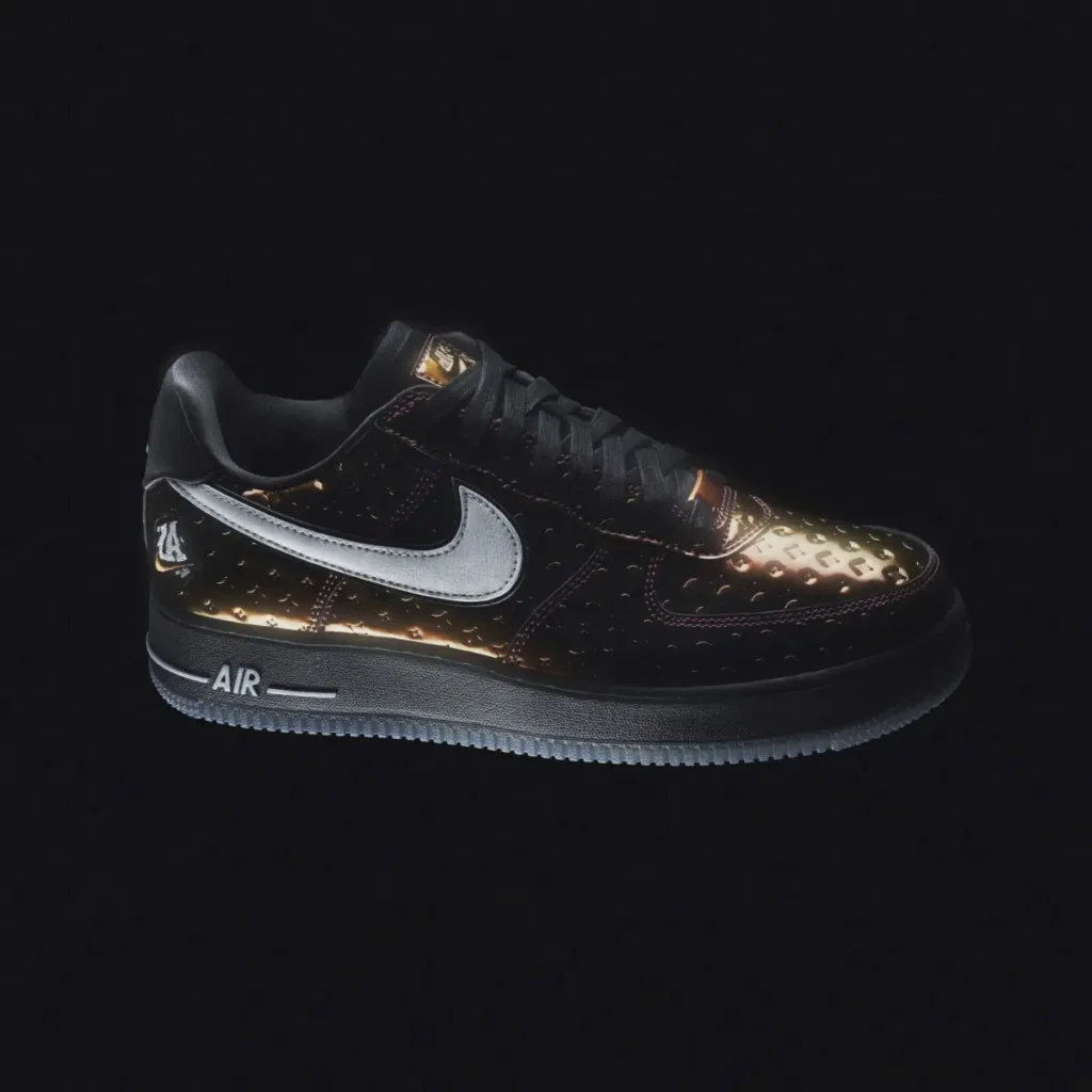 side profile Nike Air Force 1 Low PRM “LA All-Star” sneaker in iridescent embossed leather with white Swoosh, black midsole featuring AIR branding, and dark translucent outsole, shown against a black background with glowing copper highlights