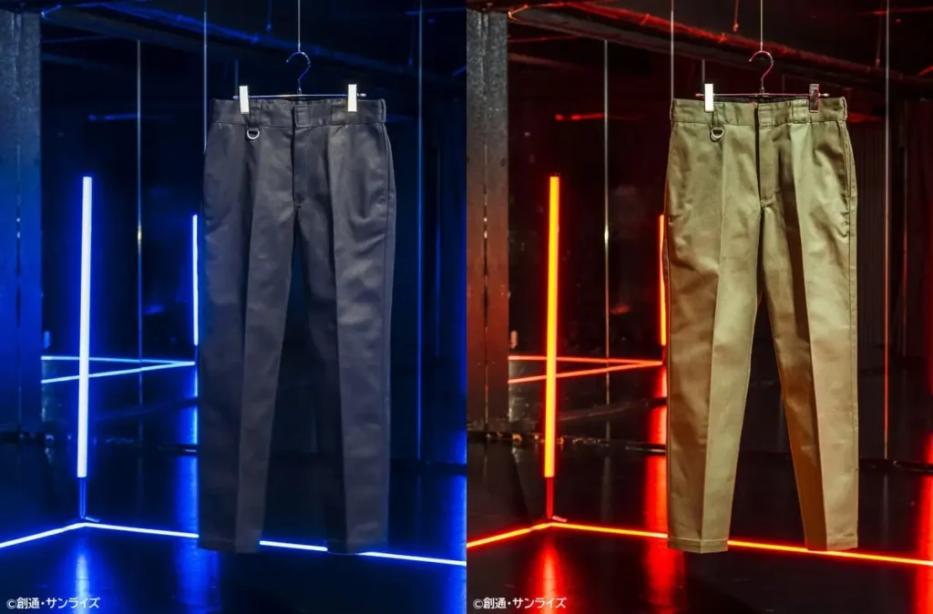 Work pants from the Dickies × Mobile Suit Gundam collection displayed in black and khaki colorways under blue and red neon lighting