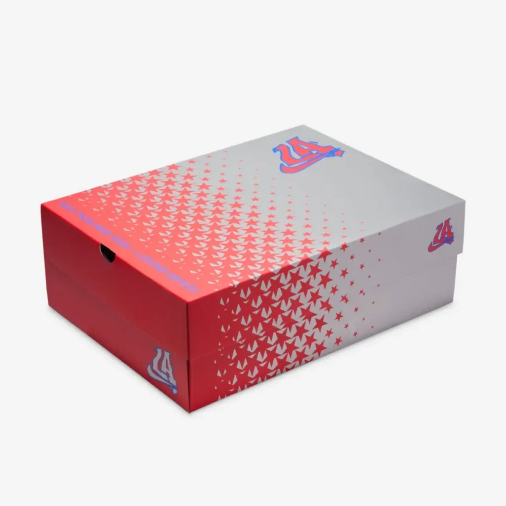 Nike Air Zoom Huarache 2K4 “All-Star” special edition shoebox in red and gray with star graphics and 24-themed branding, shown in a studio product shot on a light gray background