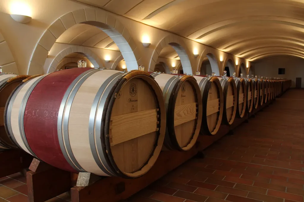 Oak wine barrels aging in a vaulted Burgundy cellar, lined in symmetry under warm stone arches, reflecting traditional craftsmanship at Domaine Dujac.