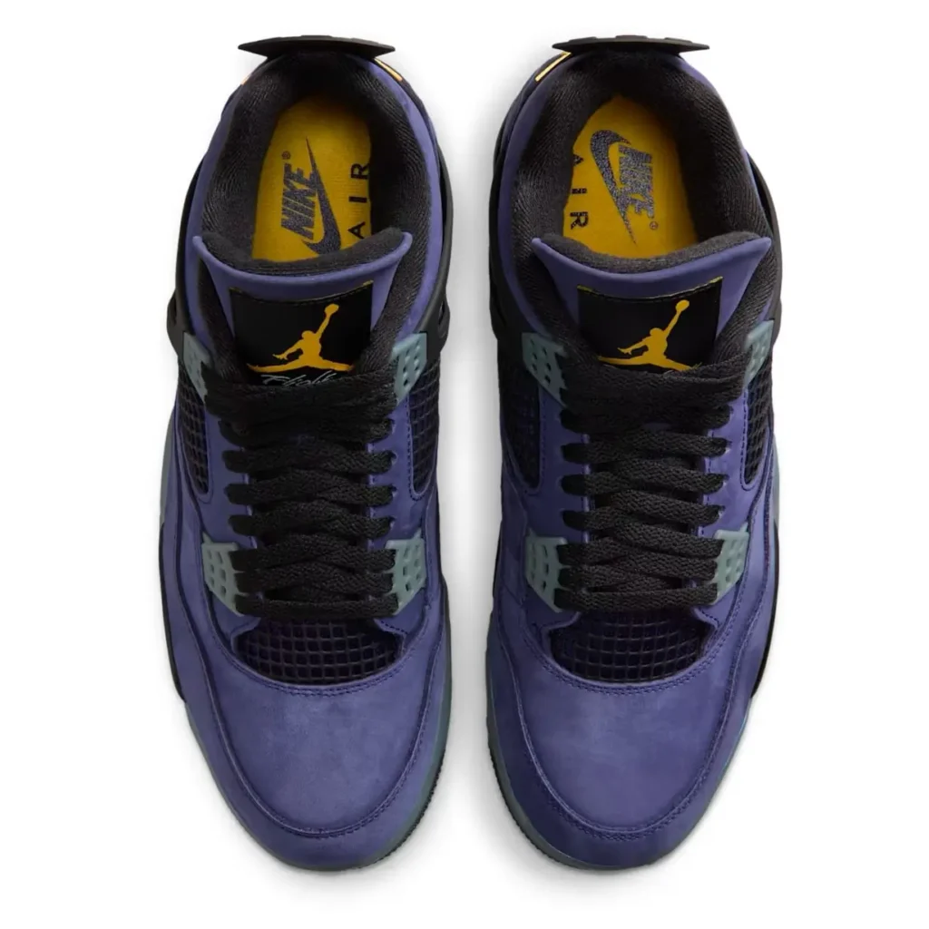 Top view of the Nike Air Jordan 4 OG “Lakers” sneakers in Imperial Purple with black laces and gold Jumpman branding
