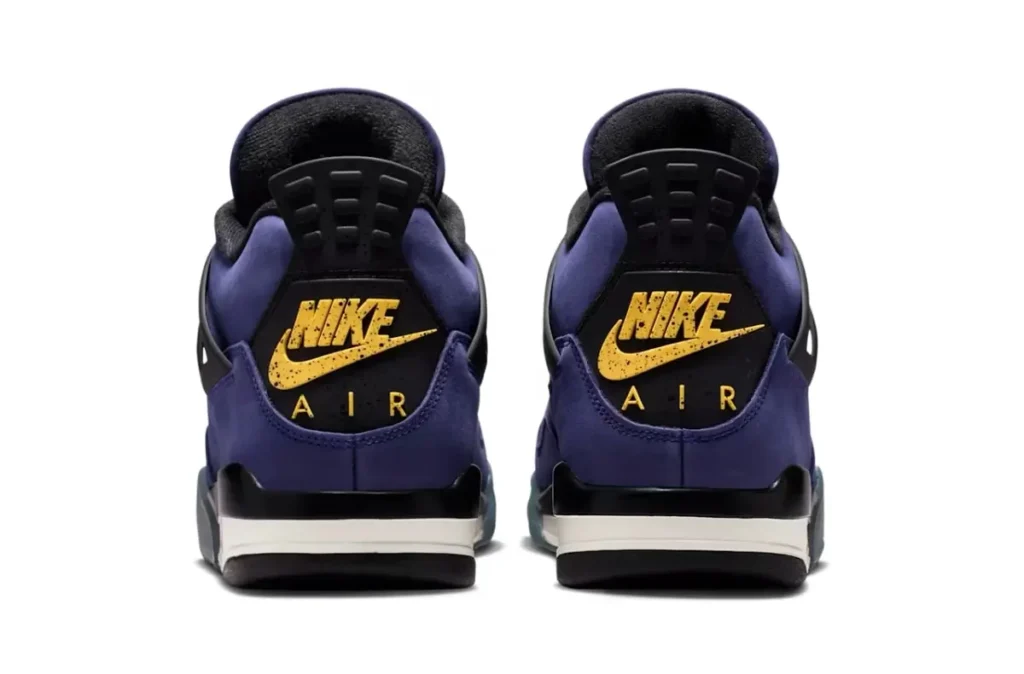 Rear view of the Nike Air Jordan 4 OG “Lakers” featuring gold Nike Air heel branding on an imperial purple upper