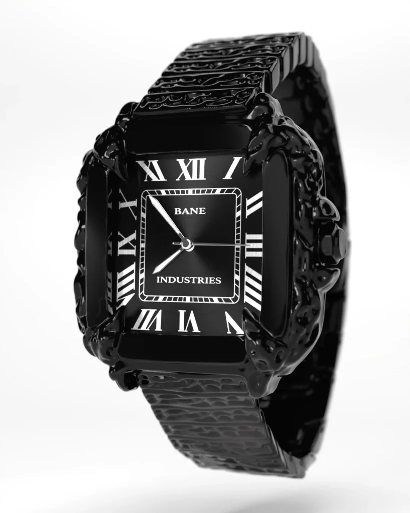 Bane Industries Full-Black Viper Watch with Roman numeral dial and textured black steel bracelet