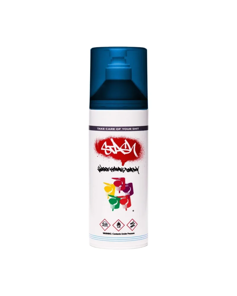 Spray can–style eyewear cleaning bottle from the Vintage Frames Company x STASH Trilogy set, featuring graffiti-style STASH tag artwork, multicolor paint icons, and a translucent blue cap