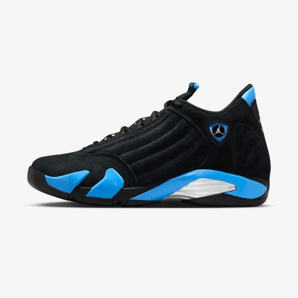 Air Jordan 14 “University Blue” sneaker featuring a black nubuck upper with bright University Blue midsole accents, silver detailing, and the signature Ferrari-inspired Jumpman shield emblem on the lateral side