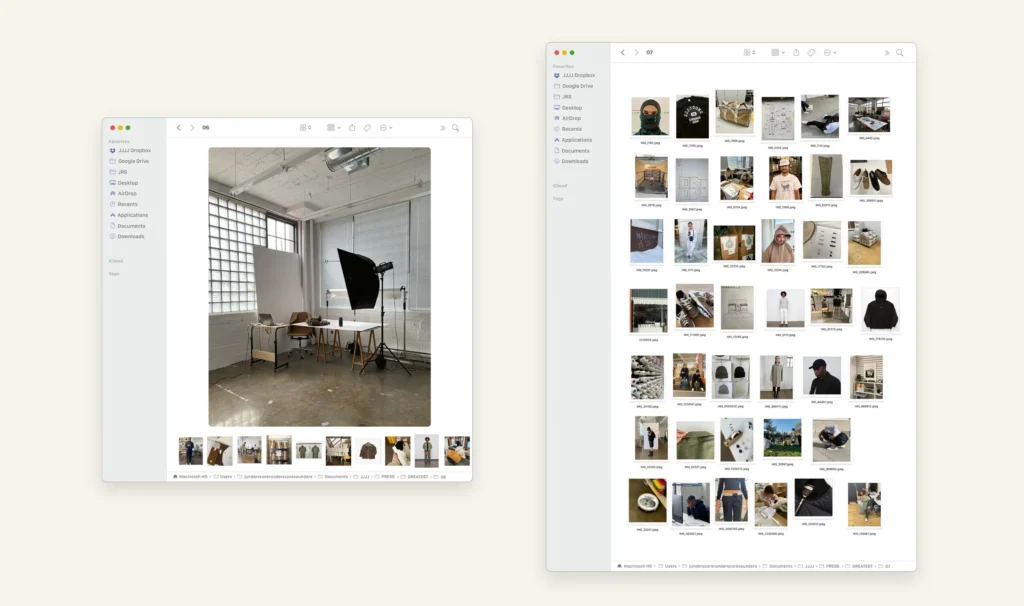 Two macOS Finder windows displayed on a neutral background, showing a minimalist studio photoshoot setup on the left—featuring a table, lighting equipment, and large glass block windows—and a grid of curated images on the right, including apparel, objects, interiors, and lifestyle shots, reflecting a cohesive, neutral-toned visual archive