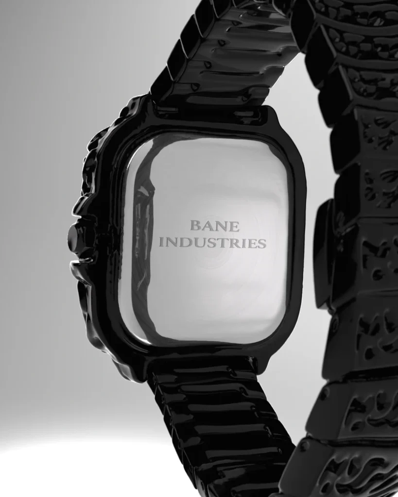 Back view of the Full-Black Viper Watch by Bane Industries showing engraved caseback and glossy black stainless steel bracelet with sculpted textured links