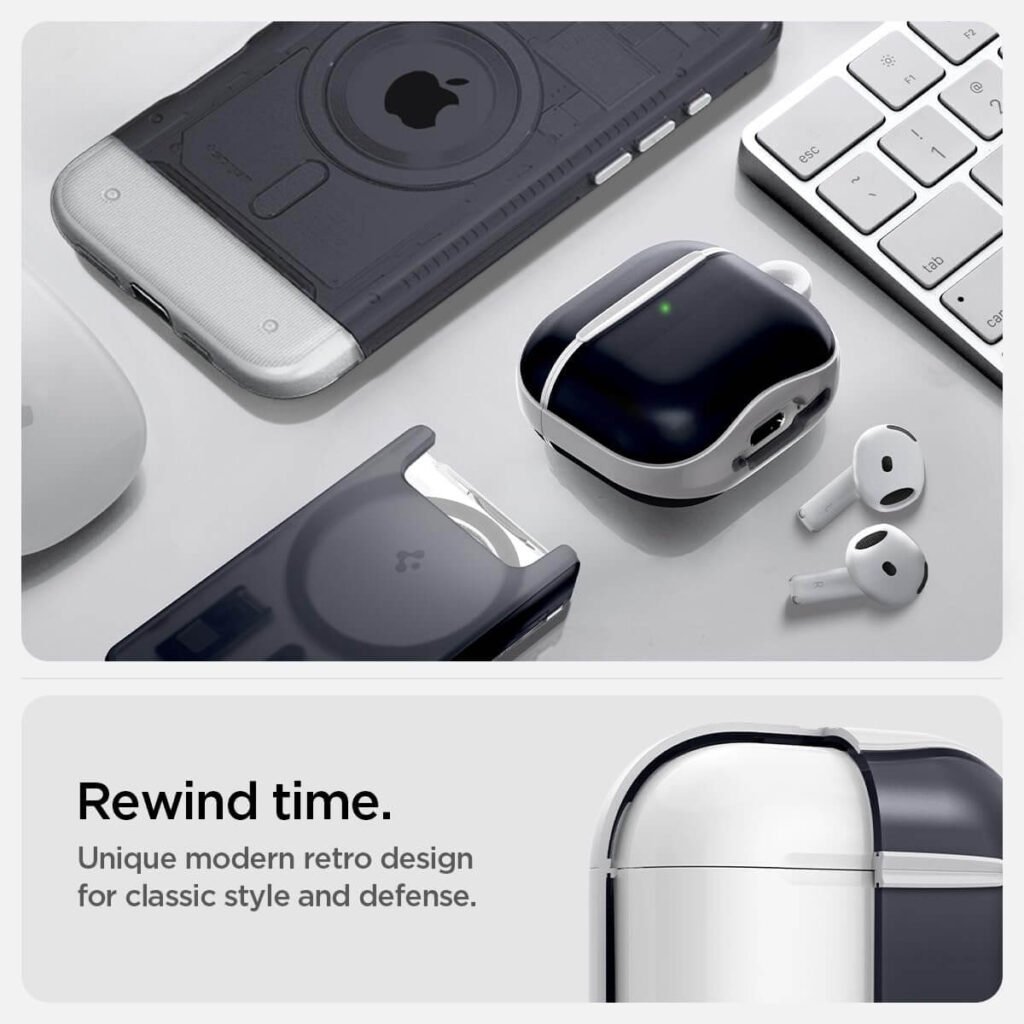 AirPods Pro earbuds and charging case styled in a retro black-and-silver shell sit on a clean desk alongside a smartphone, keyboard, and accessories, highlighting Spigen’s Macintosh-inspired design with the tagline “Rewind time. Unique modern retro design for classic style and defense.”