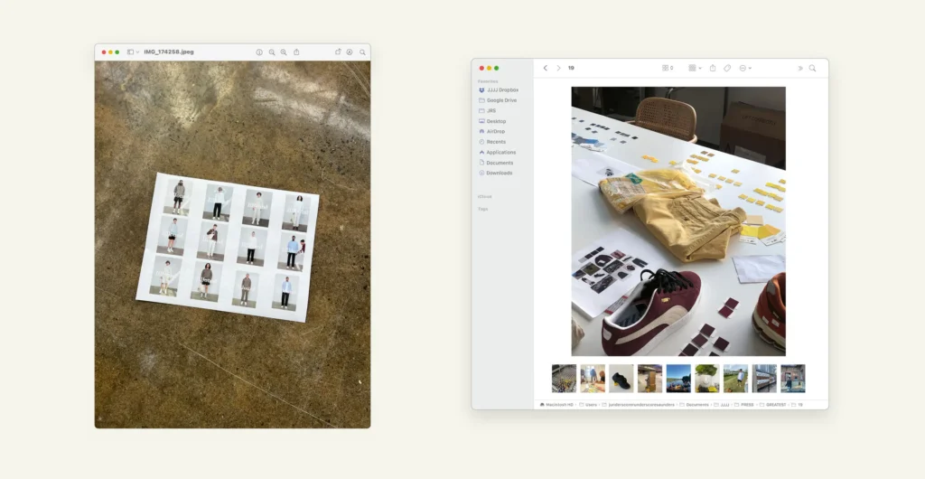 Two macOS Finder windows on a neutral background—one showing a printed grid of outfit lookbook thumbnails laid on a textured concrete floor, the other displaying a tabletop workspace with a sneaker, folded garments, color swatches, and design references, reflecting a structured product development and styling process