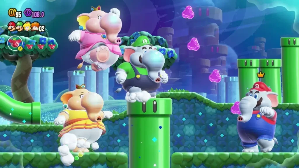 Elephant-powered versions of Mario, Luigi, Princess Peach, and Princess Daisy running across green pipes and platforms in a vibrant nighttime level from Super Mario Bros. Wonder
