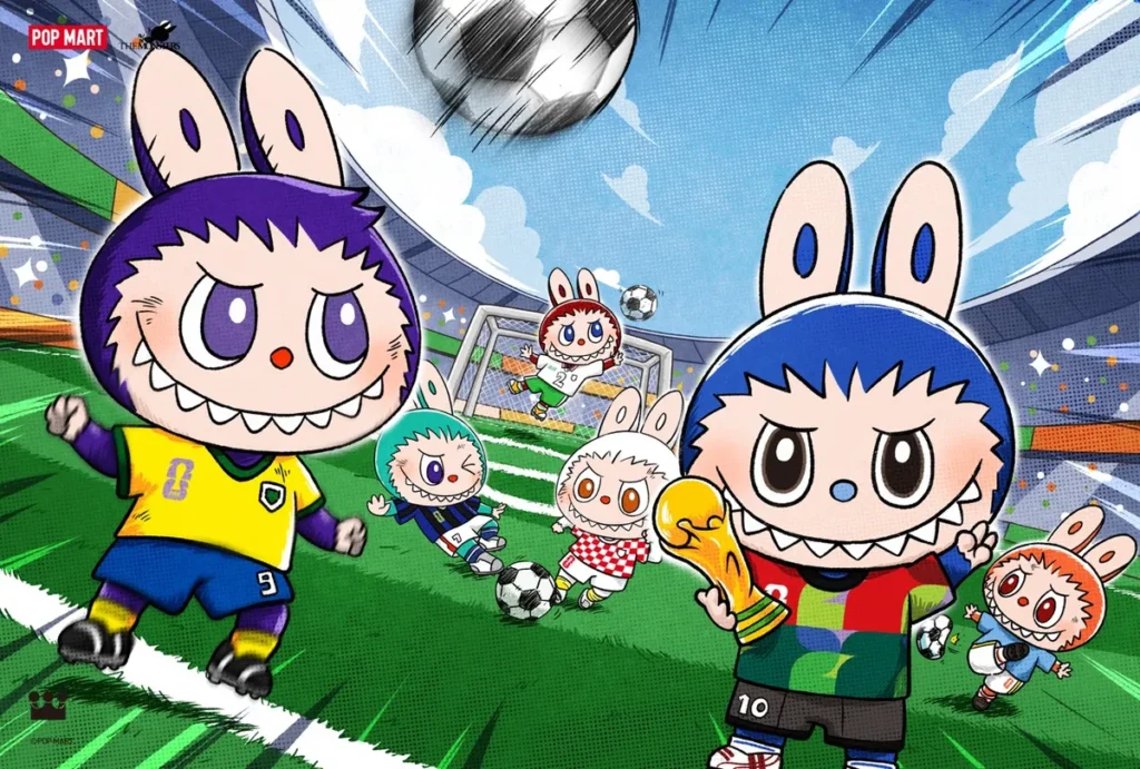Illustrated Labubu characters in colorful football kits play on a stadium pitch, with one holding a trophy and others kicking a soccer ball toward the goal in a dynamic World Cup-themed Pop Mart scene