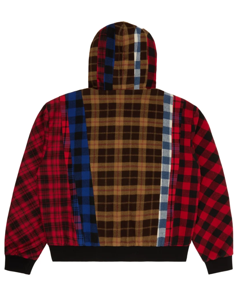 Back view of Stolen Arts Flannel NY Pearl Hoodie showcasing multi-pattern patchwork plaid panels with contrasting tartan and flannel textures on hood and body