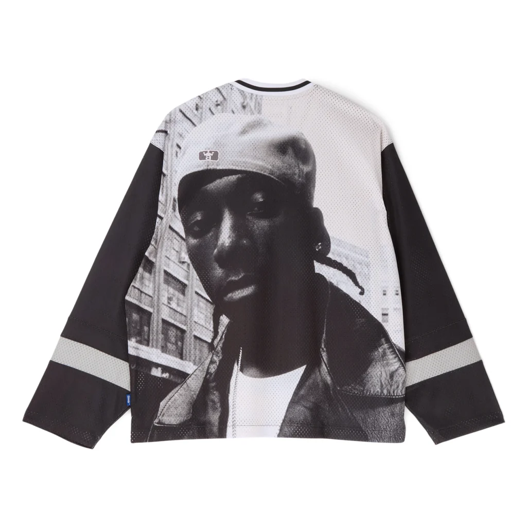Back view of the Awake NY Big Picture Hockey Jersey in black featuring a large monochrome photographic portrait graphic across the mesh fabric