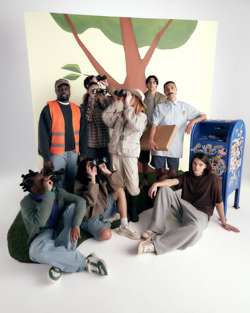 Axel Arigato campaign image featuring diverse models observing through binoculars against a tree illustration backdrop for the Akaia emblem launch