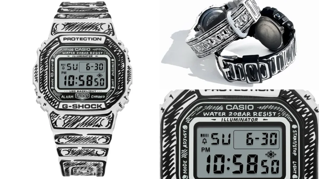 Alt text: Joshua Vides × Casio G-Shock collaboration watches featuring the DW-5600JV and DW-6900JV in white resin with bold black marker-style outlines, creating a hand-drawn cartoon illustration effect