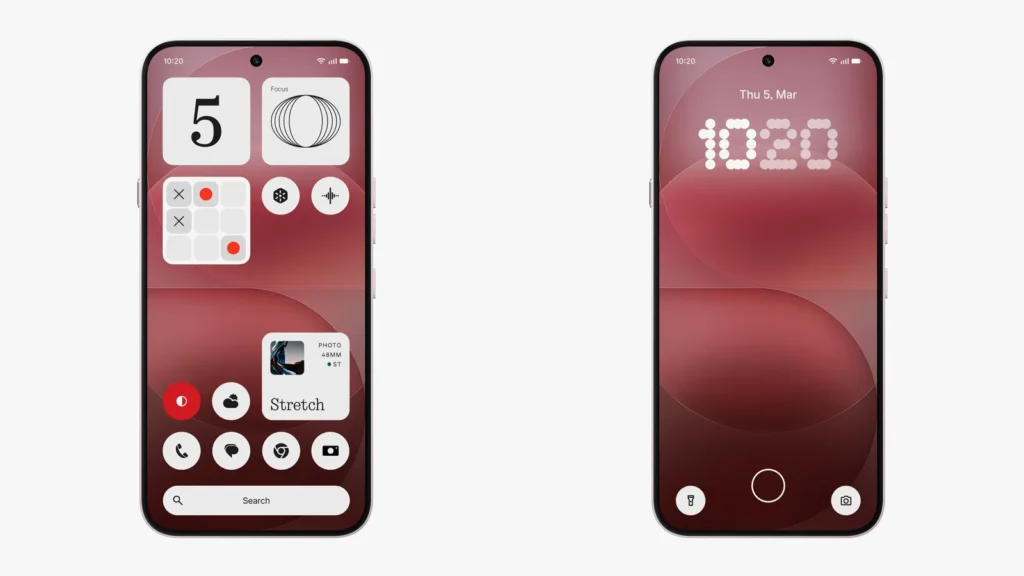 Front view of Nothing Phone (4a) Pro displaying Nothing OS interface with monochrome widgets, dot-matrix clock, and customizable home screen alongside lock screen with signature Glyph-style typography, set against a warm red gradient background