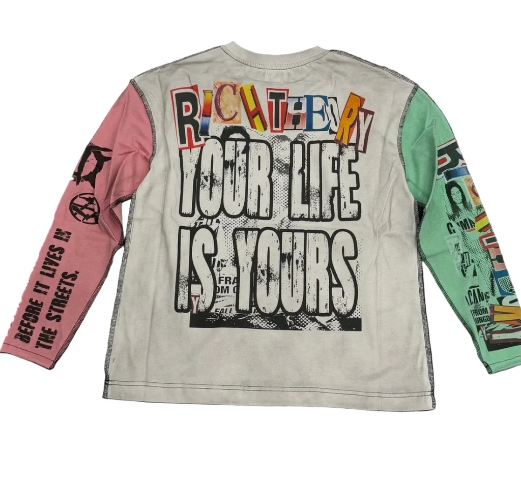 Back view of Rich Theory “Collage” Longsleeve White featuring ransom-style “Rich Theory” lettering and bold “Your Life Is Yours” graphic with pink and green contrast sleeves