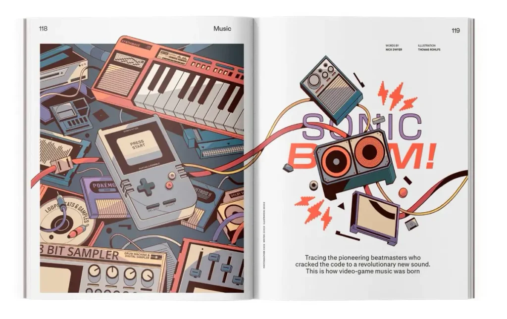 Illustrated magazine layout showing vintage game console, keyboard synthesizer, and audio gear across two pages