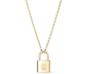 Polished gold Louis Vuitton Silver Lockit pendant necklace featuring a miniature padlock engraved with the LV monogram, suspended from a delicate gold chain against a clean white background