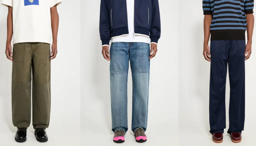 Three models shown side-by-side wearing looks from the Wales Bonner Spring Summer 2026 collection, featuring olive utility trousers with black shoes, light-wash denim patch-pocket jeans paired with a navy jacket and sneakers with pink soles, and tailored navy trousers styled with a striped knit polo and brown loafers against a neutral studio background