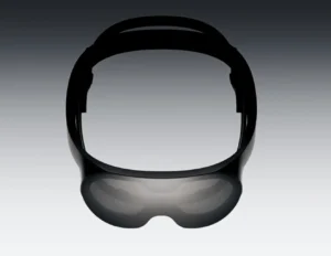 Front-facing view of a minimalist black neuro-responsive headset featuring a continuous loop headband and curved visor, designed to integrate EEG sensing with adaptive augmented reality in a sleek, unified form