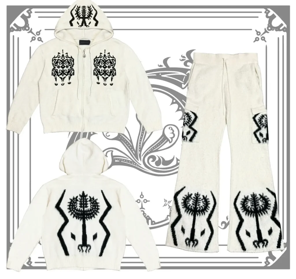 White Sacred Tree mohair knit set featuring a zip hoodie with black tribal-style graphics on the chest and hood, paired with matching knit pants displaying large Sacred Tree motifs along the legs