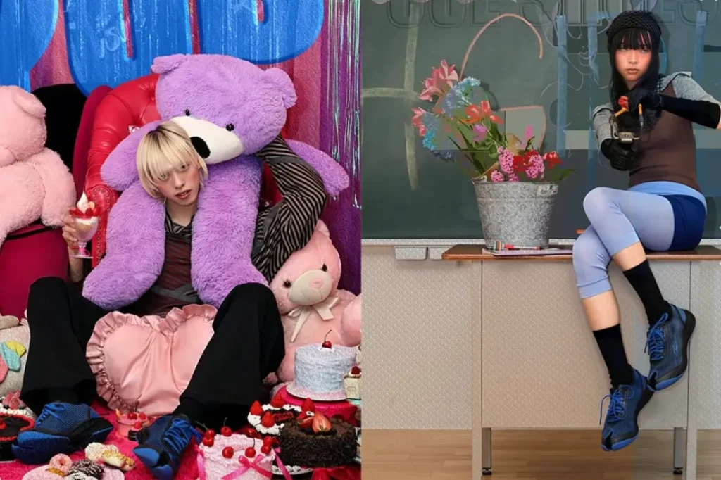 Side-by-side visuals showing a model surrounded by plush teddy bears and desserts on the left and an anime-style character seated in a classroom on the right, both wearing blue Kiko Kostadinov × ASICS Ilargi FF split-toe shoe
