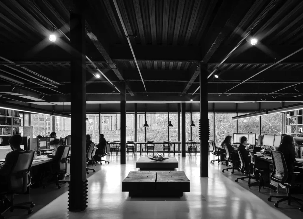 Alt Text (Mid-Length, Editorial-Ready) A warm, minimalist elevator lobby with dark textured walls, a softly backlit wood ceiling, stainless steel elevator doors, and a single lounge chair with a small wooden side table creating a quiet, refined atmosphere