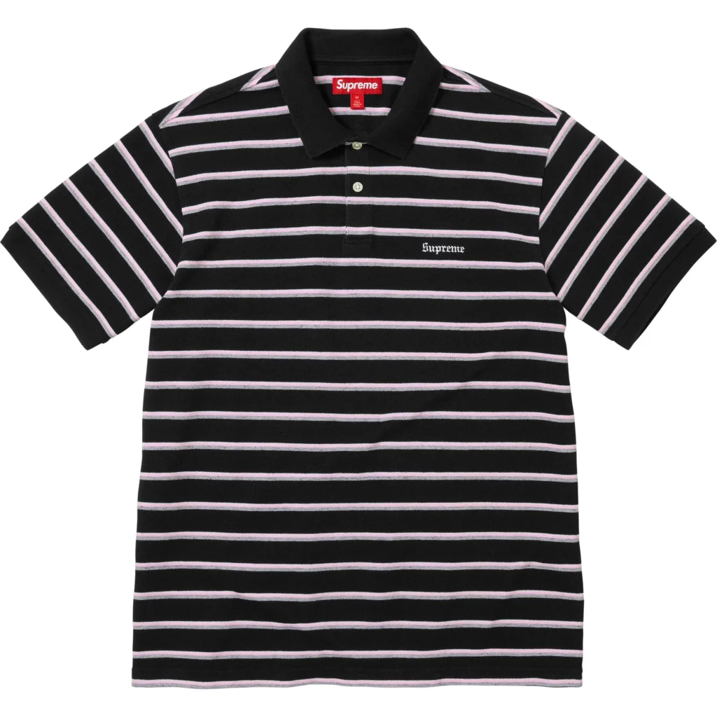 Supreme Washed Stripe Polo in black with pink horizontal stripes and embroidered Supreme logo