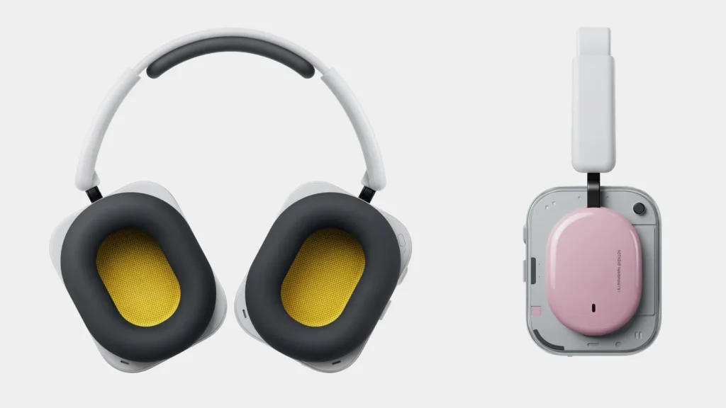 Front and side views of Nothing Headphone (a) over-ear headphones featuring black cushioned ear pads with yellow mesh interior, a minimalist white headband, and a transparent earcup housing with a pastel pink cover panel