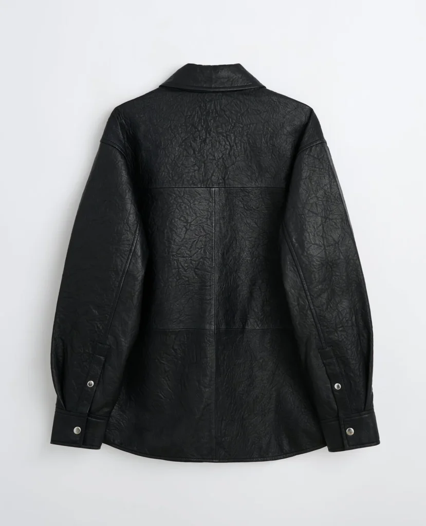 Back side of Sunflower black leather shirt jacket with crinkled leather finish and minimalist menswear construction