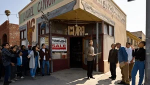 Historic Laurel Canyon corner store at Lookout Mountain Avenue in Los Angeles with a crowd of locals gathered outside, reacting to its sale and uncertain future as a cultural landmark tied to Jim Morrison and the 1960s music scene