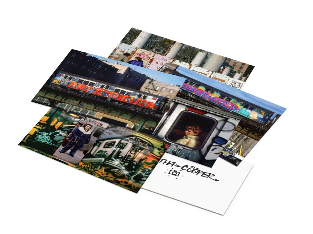 Postcard set from Martha Cooper’s Spray Nation limited edition box set featuring archival photographs of 1980s New York subway graffiti