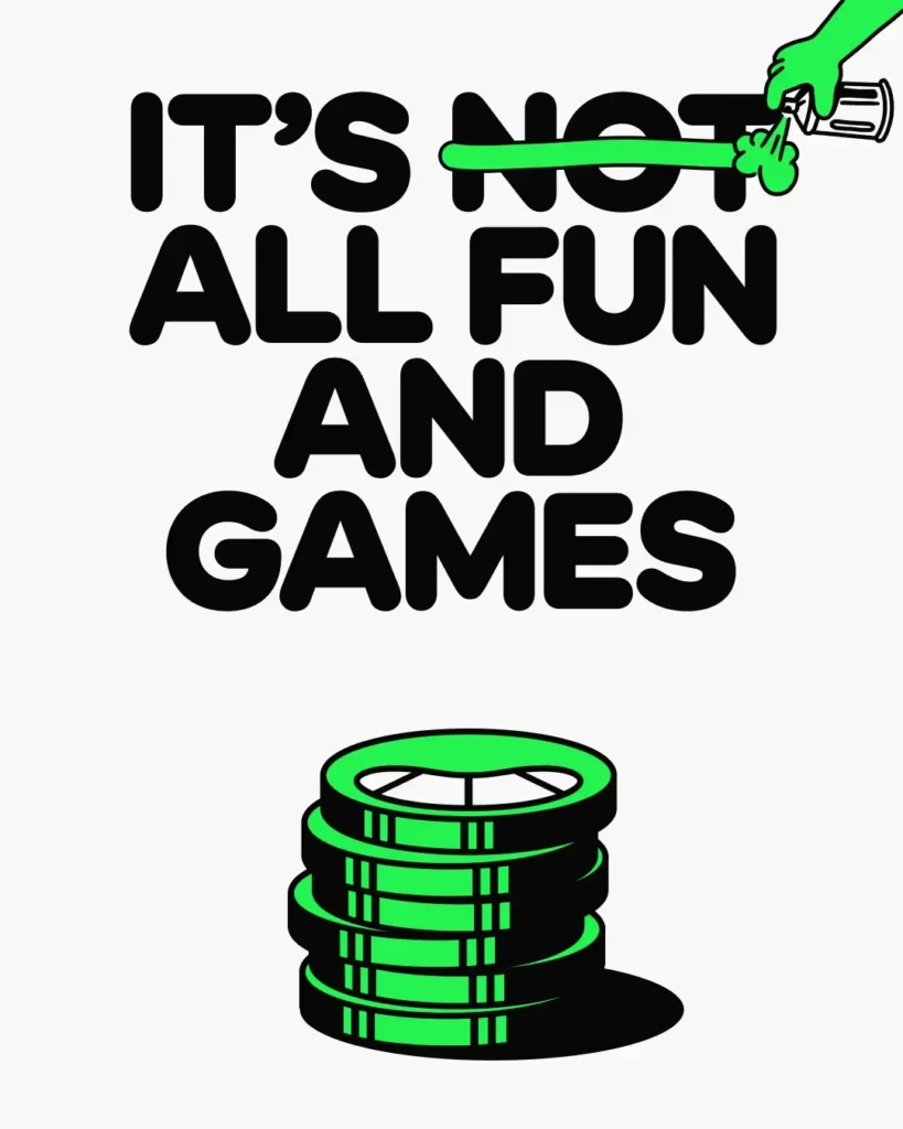 Bold graphic from the Marblex rebrand campaign featuring the phrase “It’s Not All Fun and Games.” A bright green illustrated hand sprays paint across the word “not,” while a stack of green digital coins sits below, symbolizing in-game rewards and the token economy within the Marblex Web3 gaming ecosystem