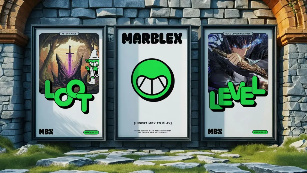 Three large poster panels mounted on a stone wall display branding for the Marblex ecosystem. The center poster features the MARBLEX logo with a bright green smiling emblem and the phrase “Insert MBX to Play.” The left poster promotes a fantasy-themed game labeled “Loot,” showing a glowing sword embedded in a mystical landscape. The right poster advertises “Level,” featuring an anime-style warrior character from a role-playing game. Bold neon-green typography and MBX branding connect the visuals, emphasizing Marblex’s blockchain-powered gaming platform