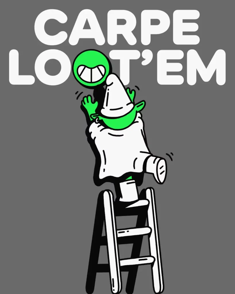 Play illustration from the Marblex branding campaign showing a cartoon character with a bright green smiling face standing on a ladder beneath the phrase “Carpe Loot’em.” The graphic combines humor and gaming culture, referencing collectible loot and rewards within the Marblex Web3 gaming ecosystem