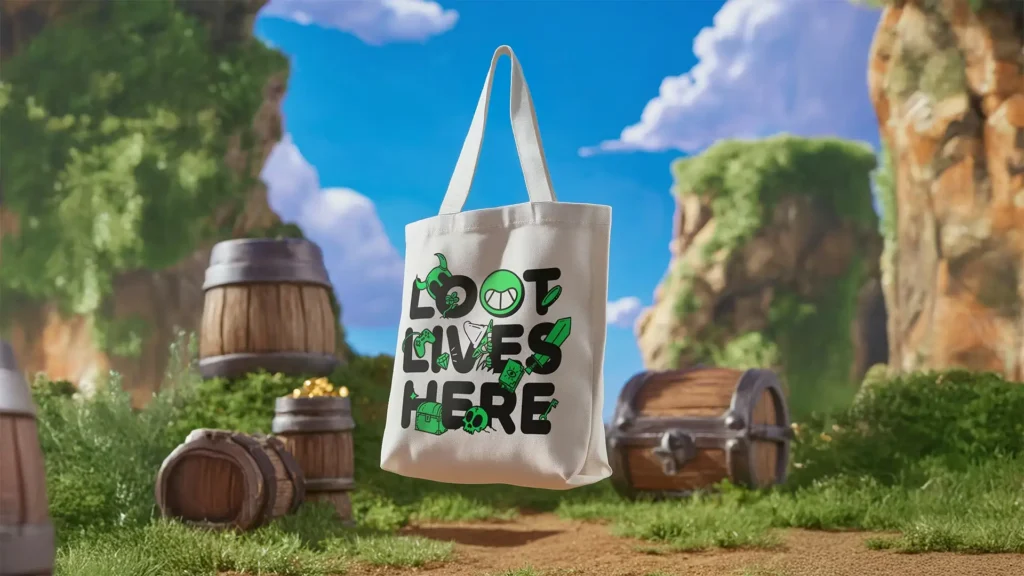 Canvas tote bag featuring the phrase “Loot Lives Here” with playful green and black graphics from the Marblex brand identity. The bag floats in a stylized fantasy landscape surrounded by wooden barrels, treasure chests, and grassy cliffs, referencing gaming loot culture and the collectible economy within the Marblex Web3 gaming ecosystem