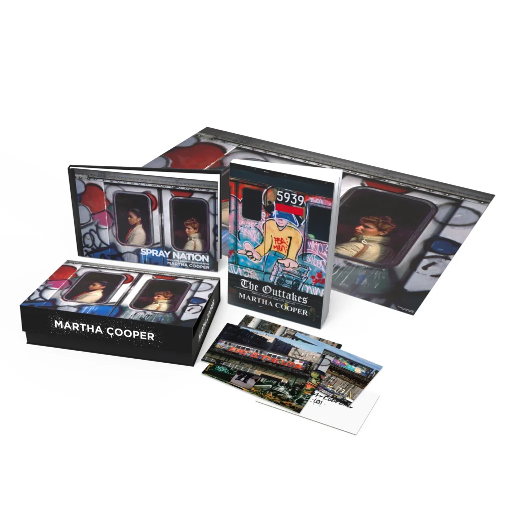 Martha Cooper “Spray Nation” limited edition box set featuring the graffiti photography book, The Outtakes companion volume, collectible poster, and postcards with classic 1980s New York subway graffiti imagery