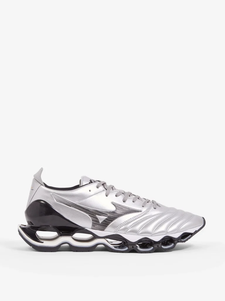 Mizuno Wave Prophecy Morelia Neo “Silver / Black” sneaker in metallic silver shown in lateral side profile with Mizuno RunBird logo and Infinity Wave plate cushioning sole