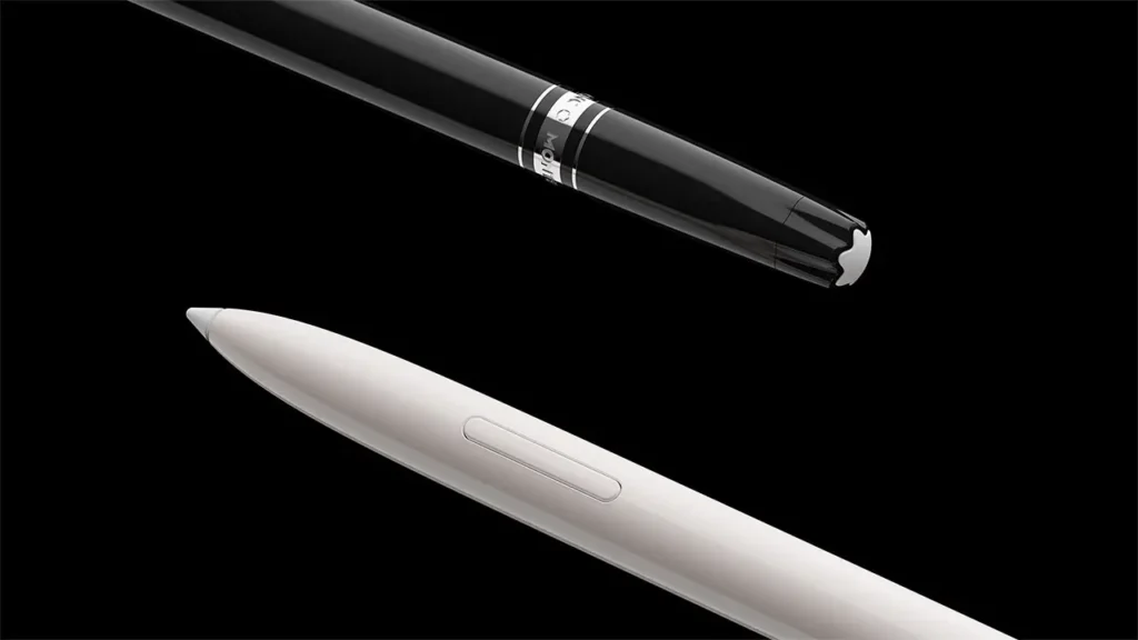 Concept image of a sleek digital stylus inspired by a classic Montblanc fountain pen, juxtaposing a glossy black Montblanc pen with a minimalist white smart pen designed by Fuseproject against a black background