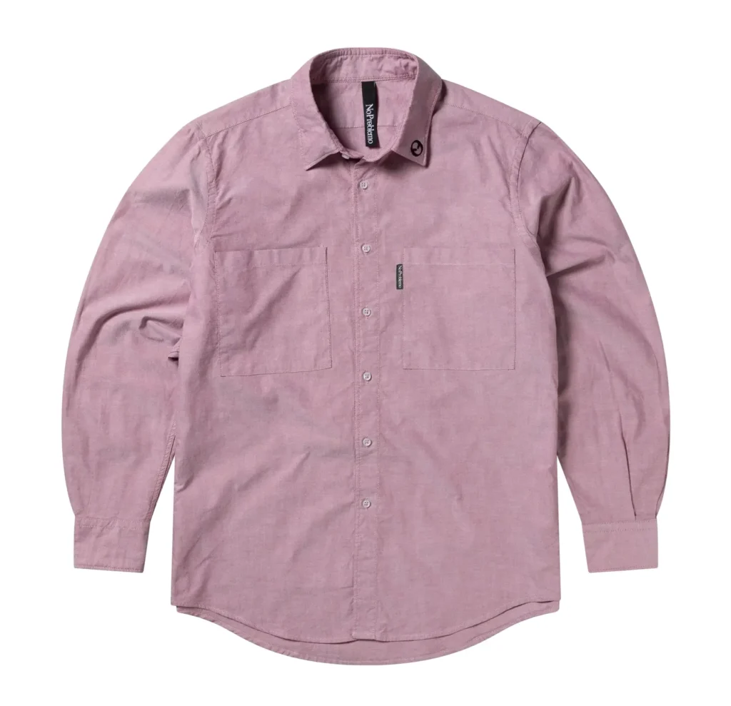Front view of the No Problemo Split Problemo LS Oxford Shirt in muted rose red, featuring a classic button-down collar, dual chest patch pockets, tonal button closure, subtle vertical logo tab at the chest, and a relaxed, structured silhouette